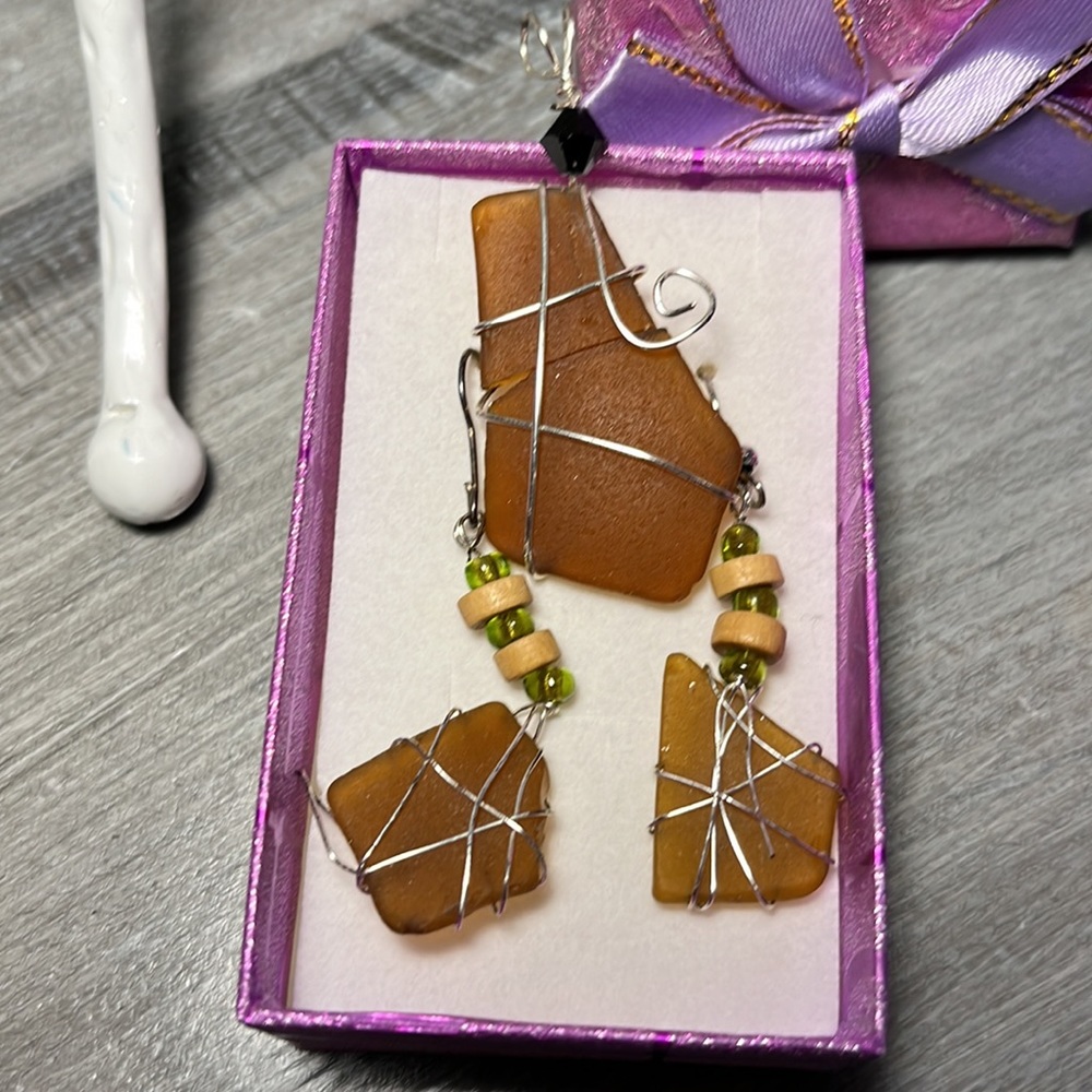Sea glass and Silver Earrings and Pendant Handcrafted Artisan ***NOTE***